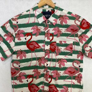 VSTR Shirt Mens Large Flamingo Pattern Striped Cruise Summer Collared Button Up